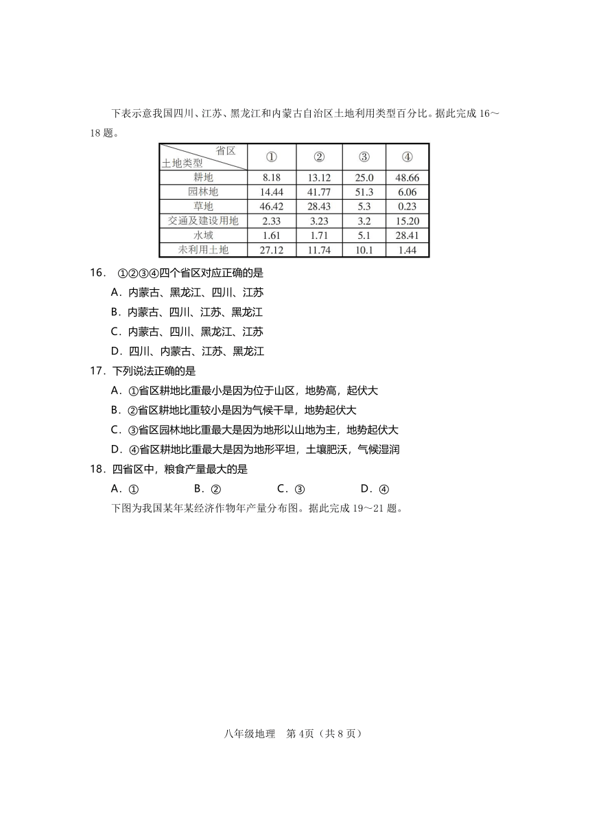 四川省德阳市旌阳区2020-2021学年八年级上学期期末教学质量监测地理试题（Word版含答案）