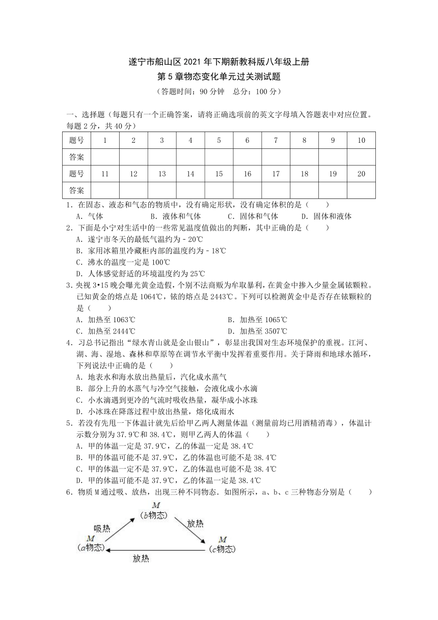 第5章物态变化 测试题  四川省遂宁市船山区2021-2022学年教科版物理八年级上册（含答案）