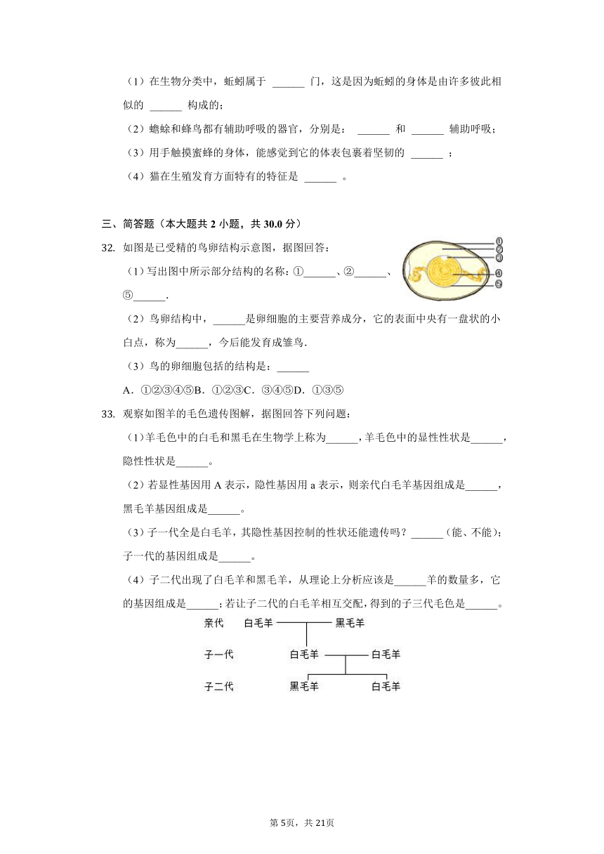 2020-2021学年河北省沧州市黄骅市八年级（下）期中生物试卷（word版含解析）