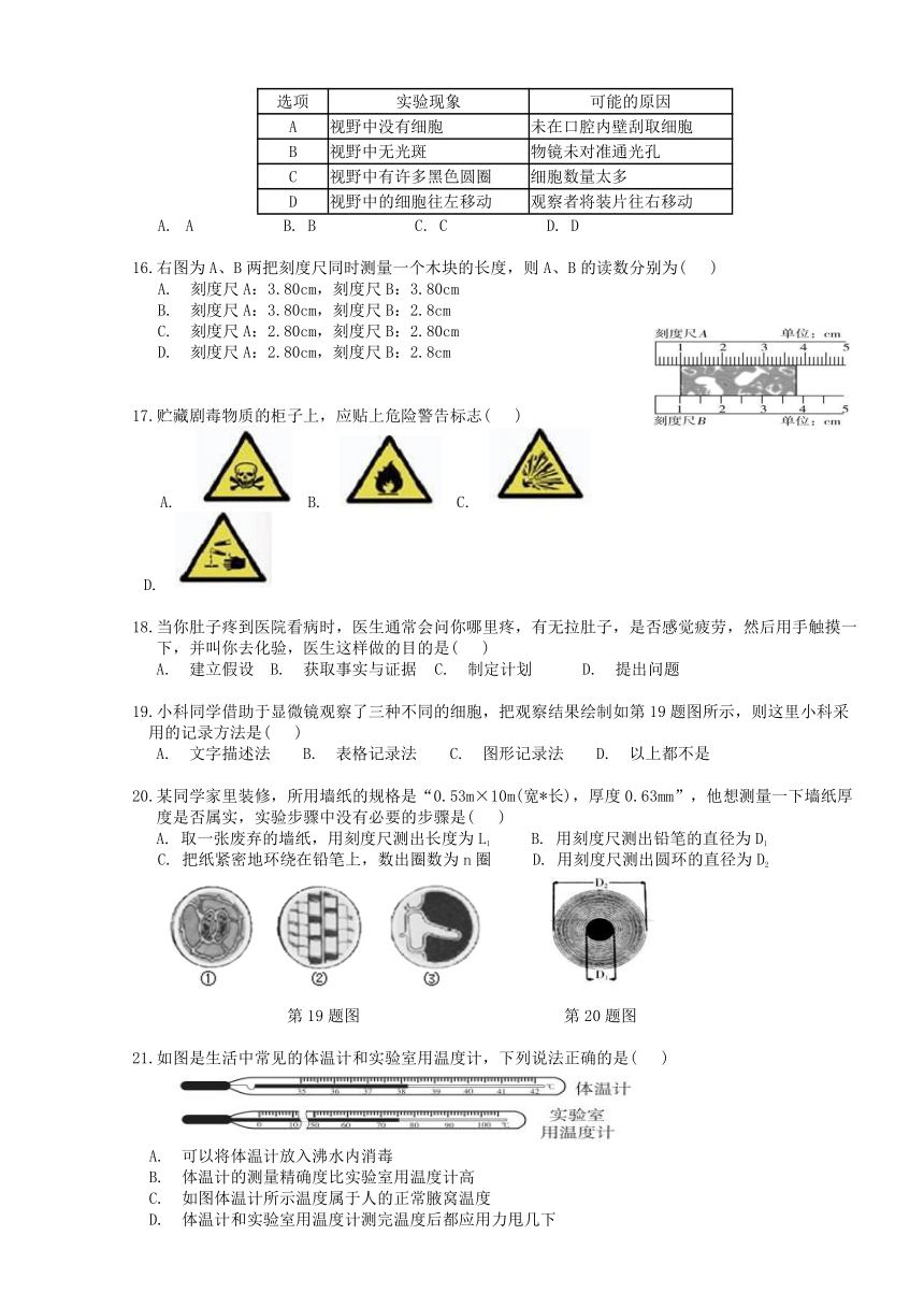 浙江省台州市椒江五中2020学年第一学期三区三校七年级期中考试科学卷（到第2章结束，无答案）