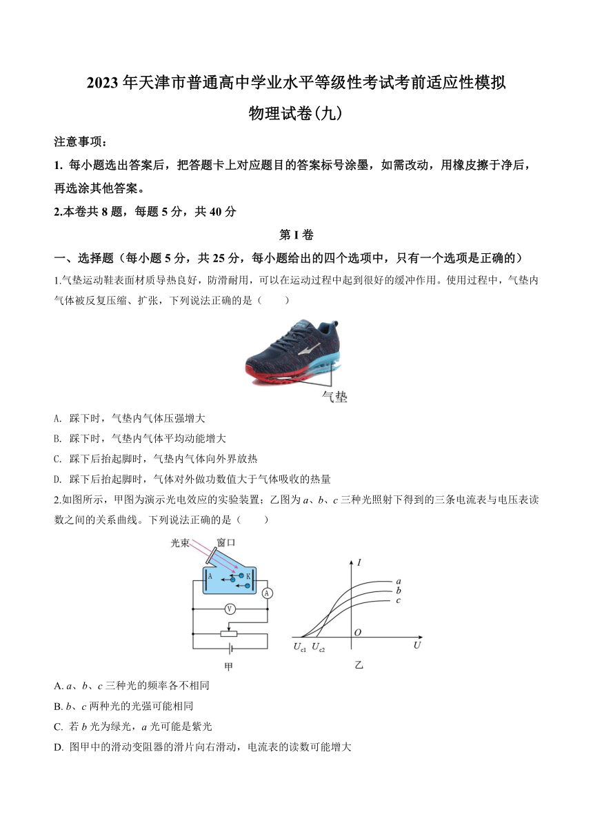 2023届天津市普通高中学业水平等级性考试考前适应性模拟物理试卷(九)（5月）（Word版含答案）