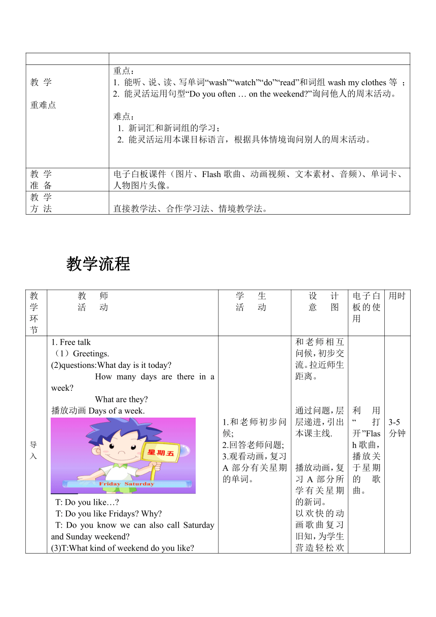 Unit 2 My week Part A Let's learn 表格式教案（含反思）