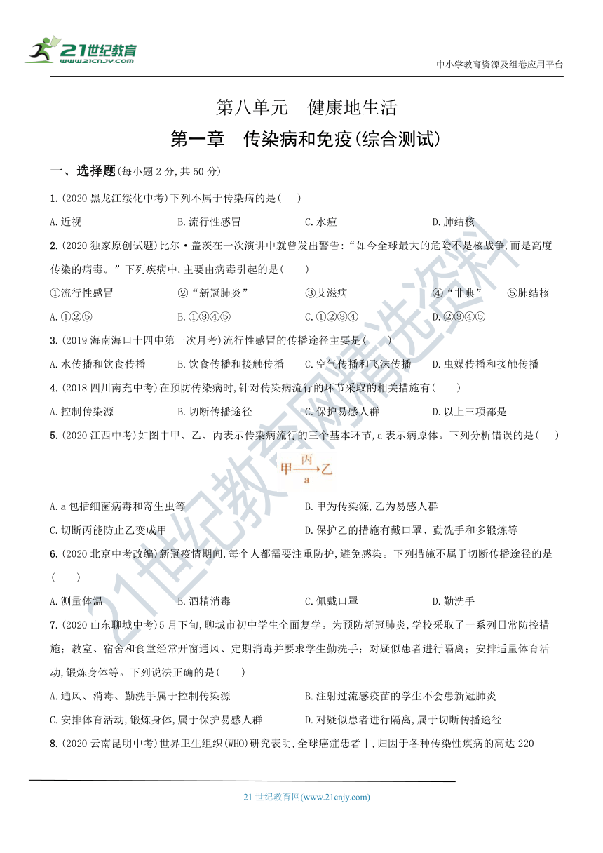 8.1 传染病和免疫（综合测试）－2020-2021学年八年级生物（人教版）下册新考向精编题（含解析）