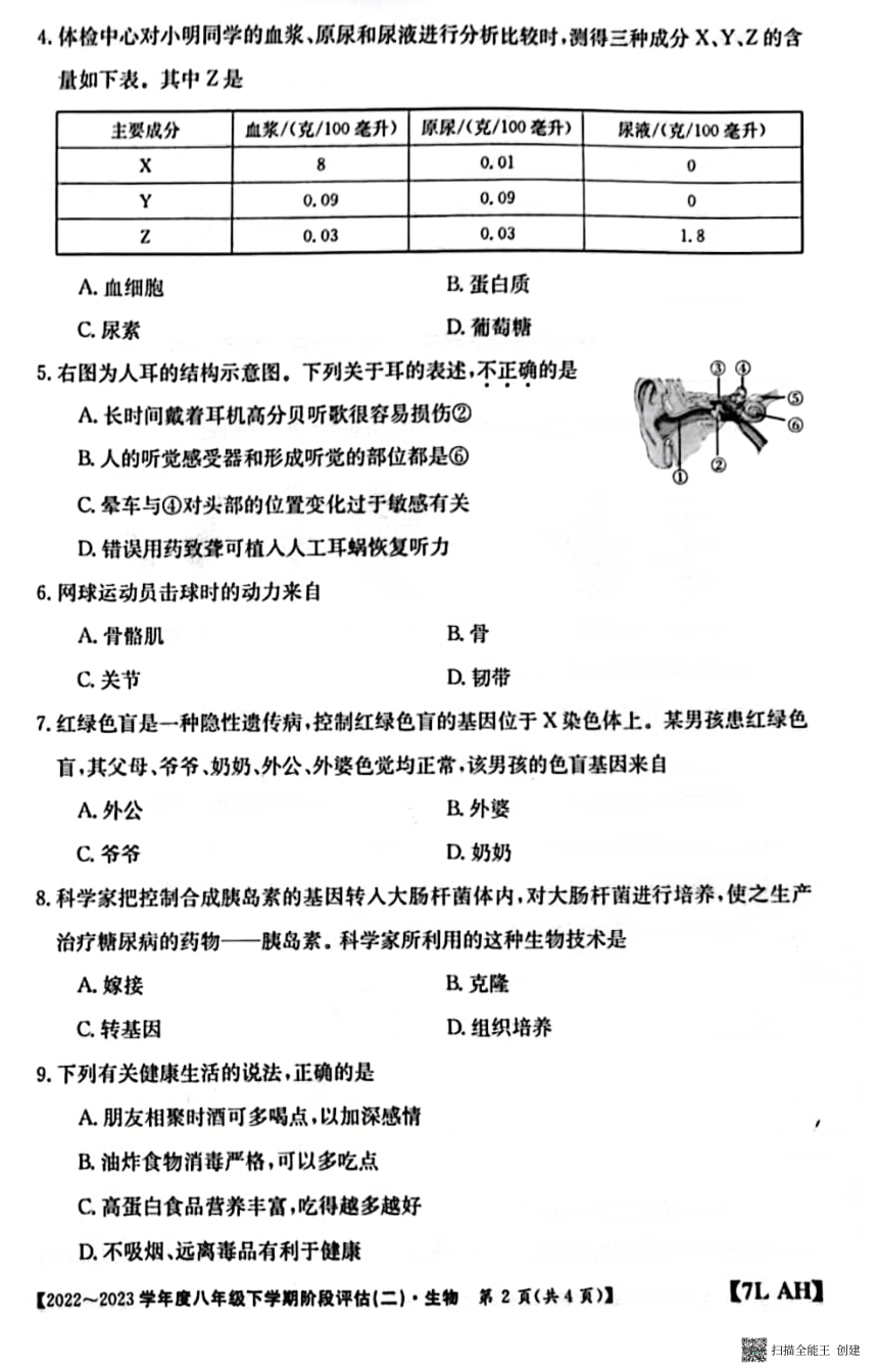 安徽省滁州市南谯区2022-2023学年八年级下学期5月月考生物试题（PDF版含答案）