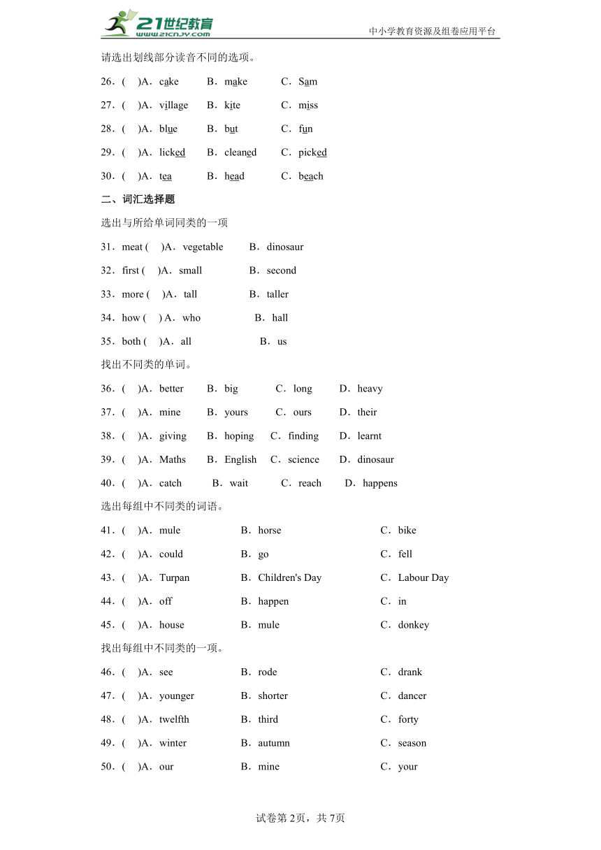 人教PEP版六年级下册 核心突破专项训练-选择题（含答案）