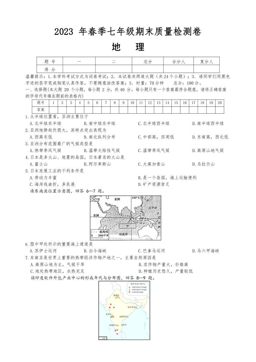 湖南省邵阳市2022-2023学年七年级下学期期末地理试卷（含答案）