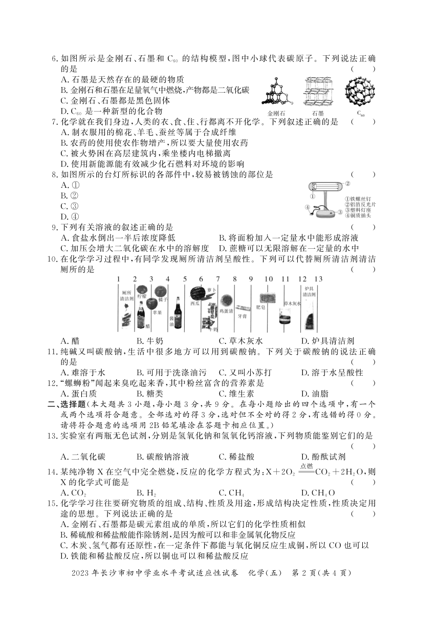 2023年湖南省长沙市中考化学适应性卷（五）（图片版无答案）