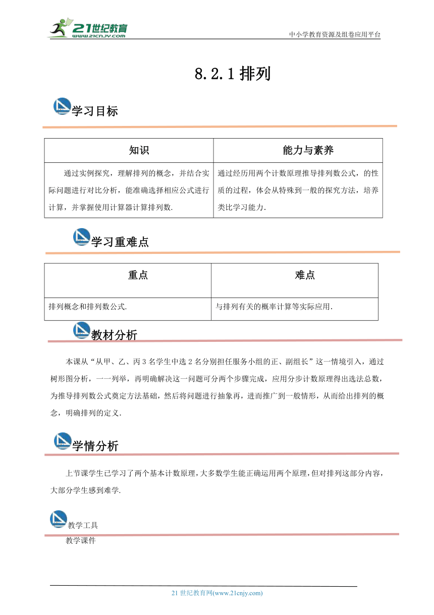 高教版中职数学拓展模块一下册：8.2.1 排列（教案）