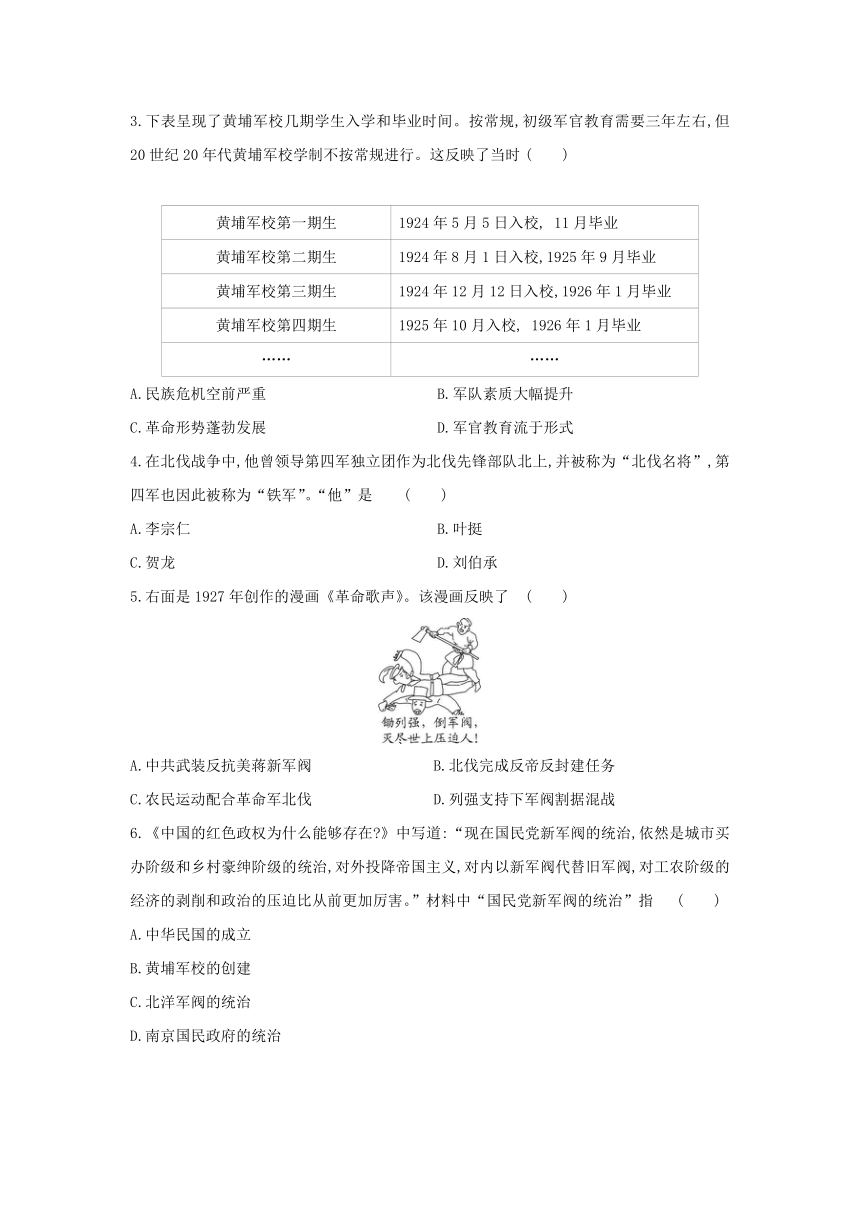 部编版历史八年级上册同步练习：第15课　国共合作与北伐战争（含答案）