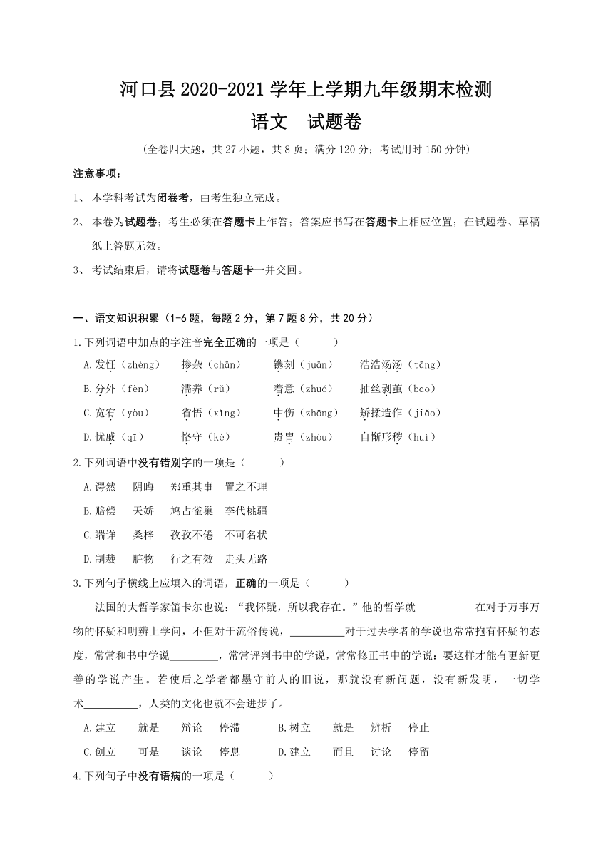 云南省红河州河口县2020-2021学年第一学期九年级语文期末检测试题（word版，含答案）