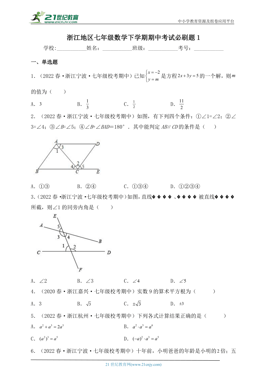 浙江地区七年级下学期期中考试数学必刷题1（含解析）