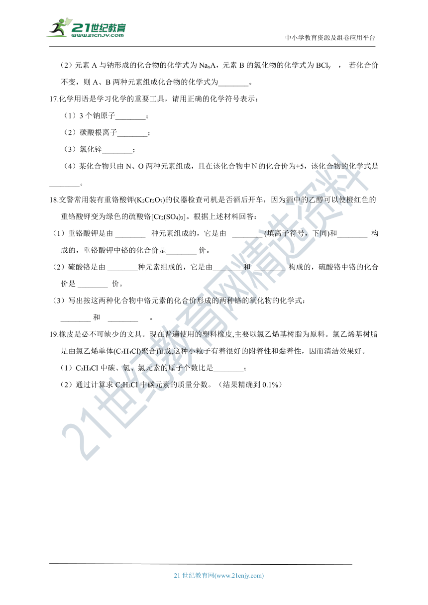 浙教版科学 八年级下 第二章 第6节 表示物质的符号 同步练习（含解析）