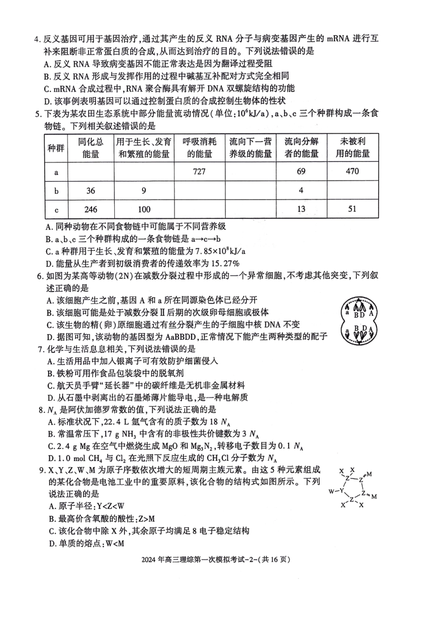 2024届陕西省榆林市第十中学高三下学期第一次模拟考试理科综合试题（PDF版含答案）