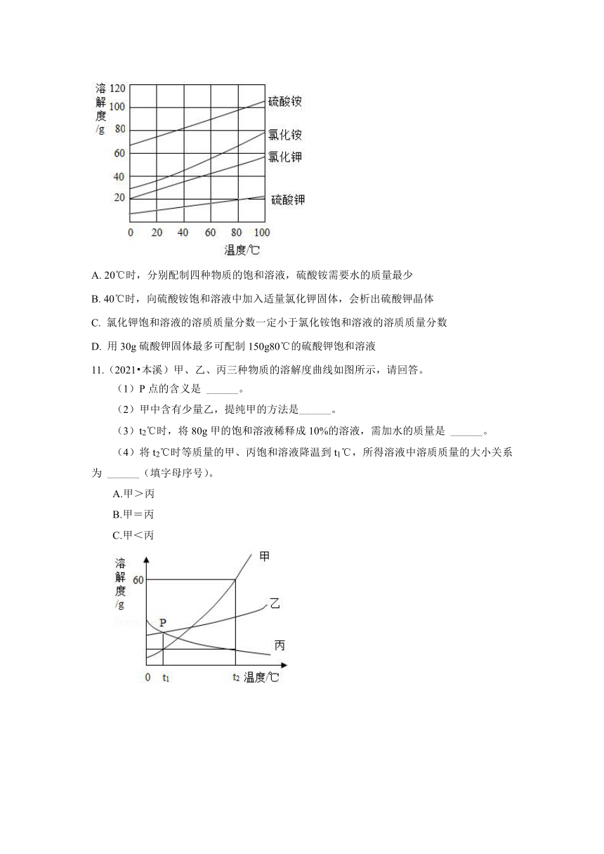 2021年各地市中考化学真题汇编——溶解度曲线(一)（word版含解析）