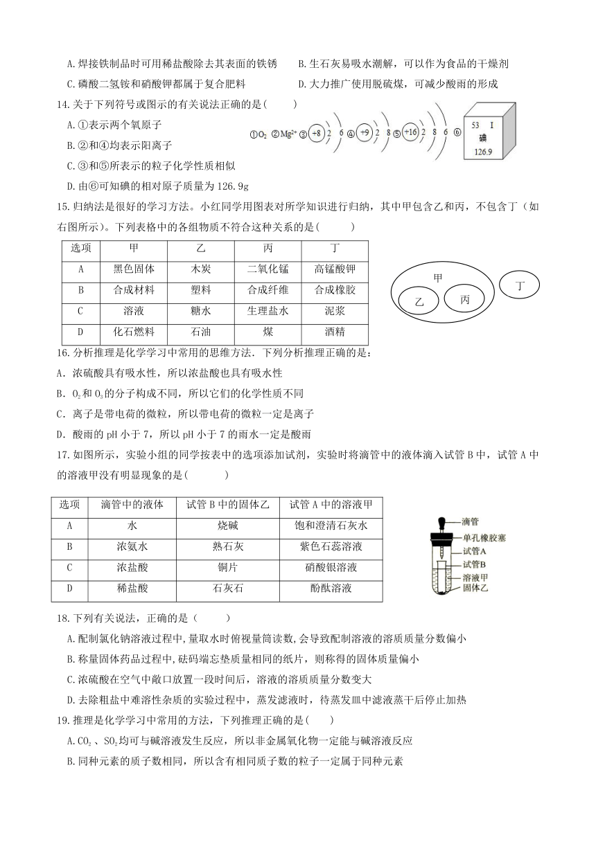 高一新生化学第一学期开学考试测试题（含答案）