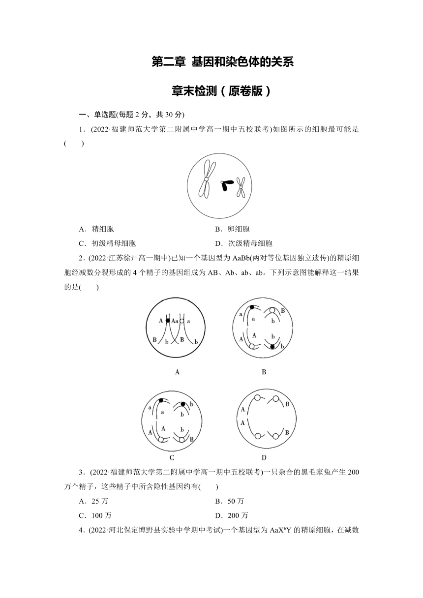 人教版生物必修2第二章 基因和染色体的关系检测题（有解析）