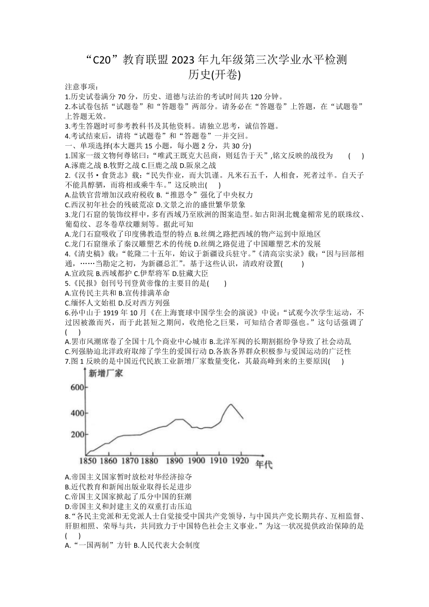 2023年安徽省C20教育联盟部编版九年级下学期第三次学业水平检测历史试题（含答案）