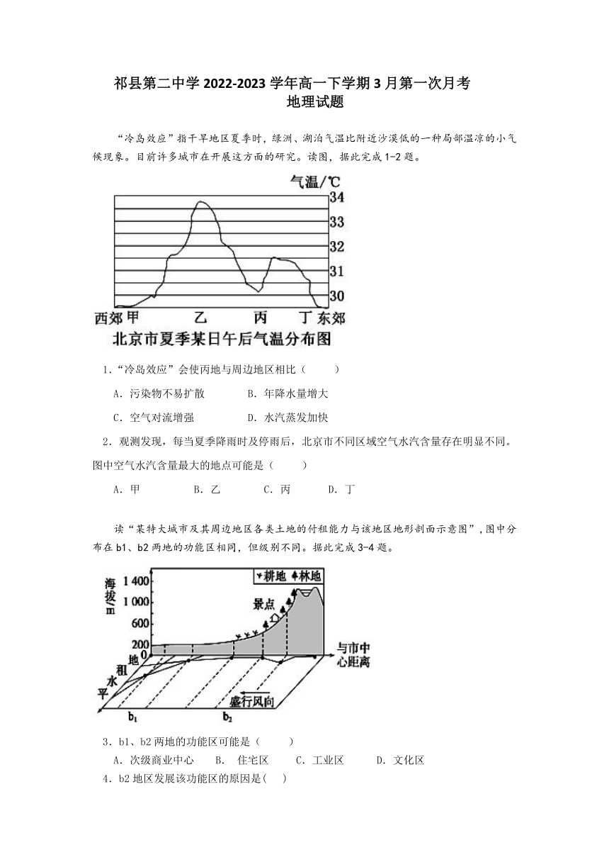 山西省祁县第二中学2022-2023高一下学期第一次月考地理试题（含答案）