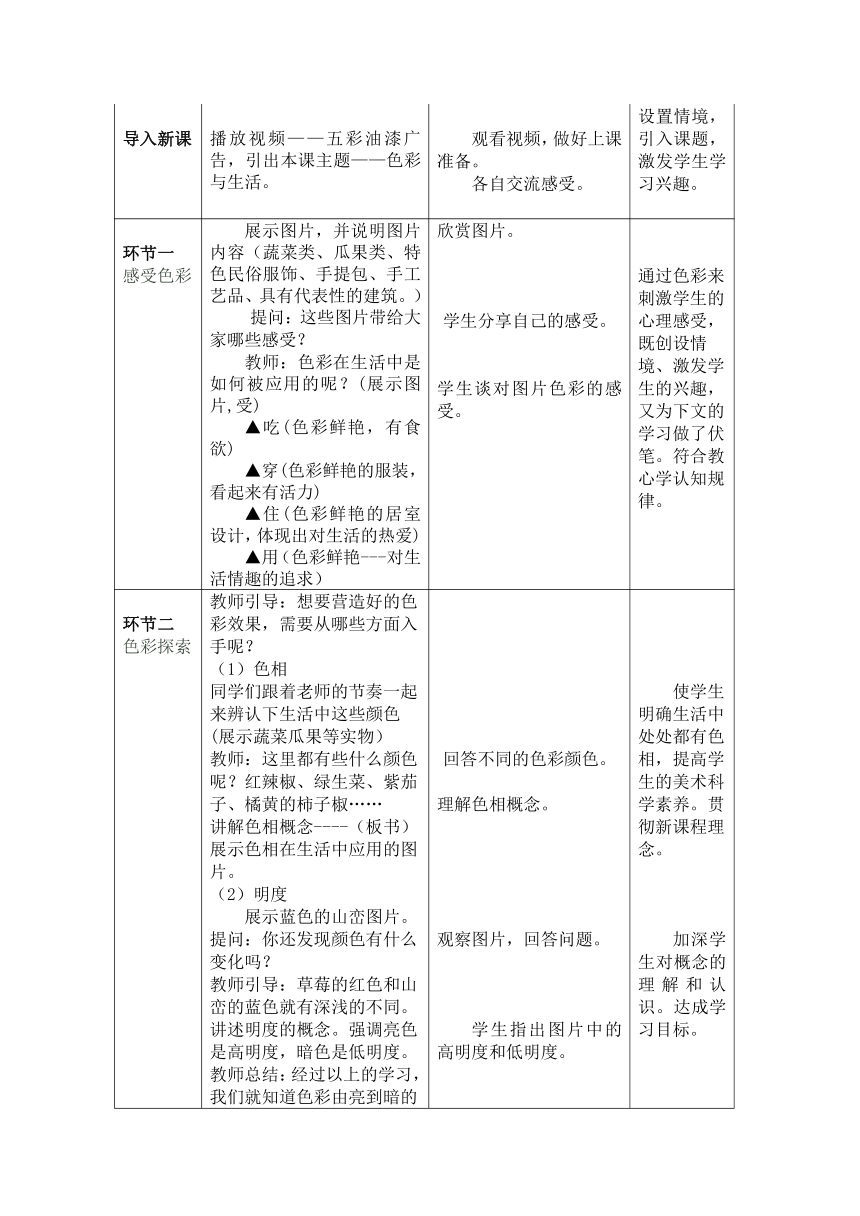 人美版美术七年级上册7. 色彩与生活教案（表格式）