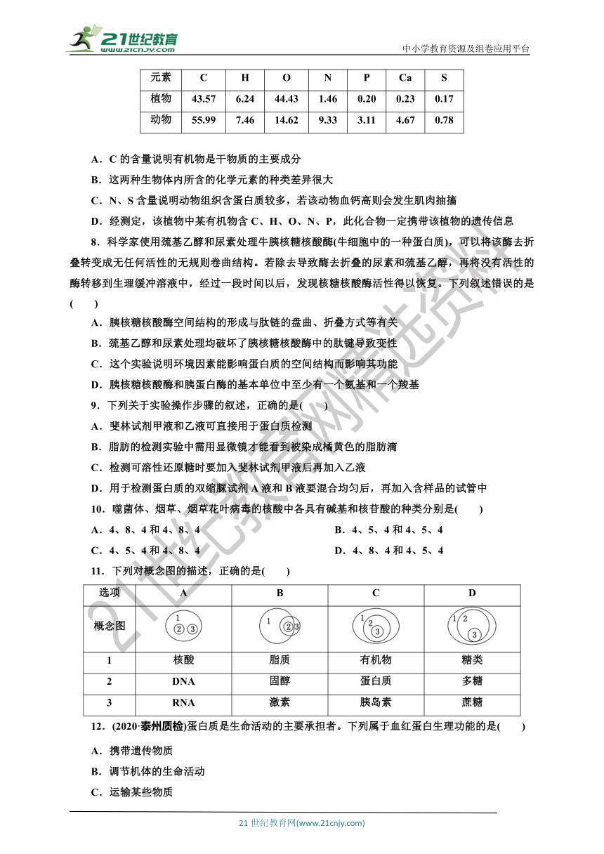 【课后练习】阶段综合检测（一）  走近细胞  组成细胞的分  人教版（2019）生物学 必修1（含答案）