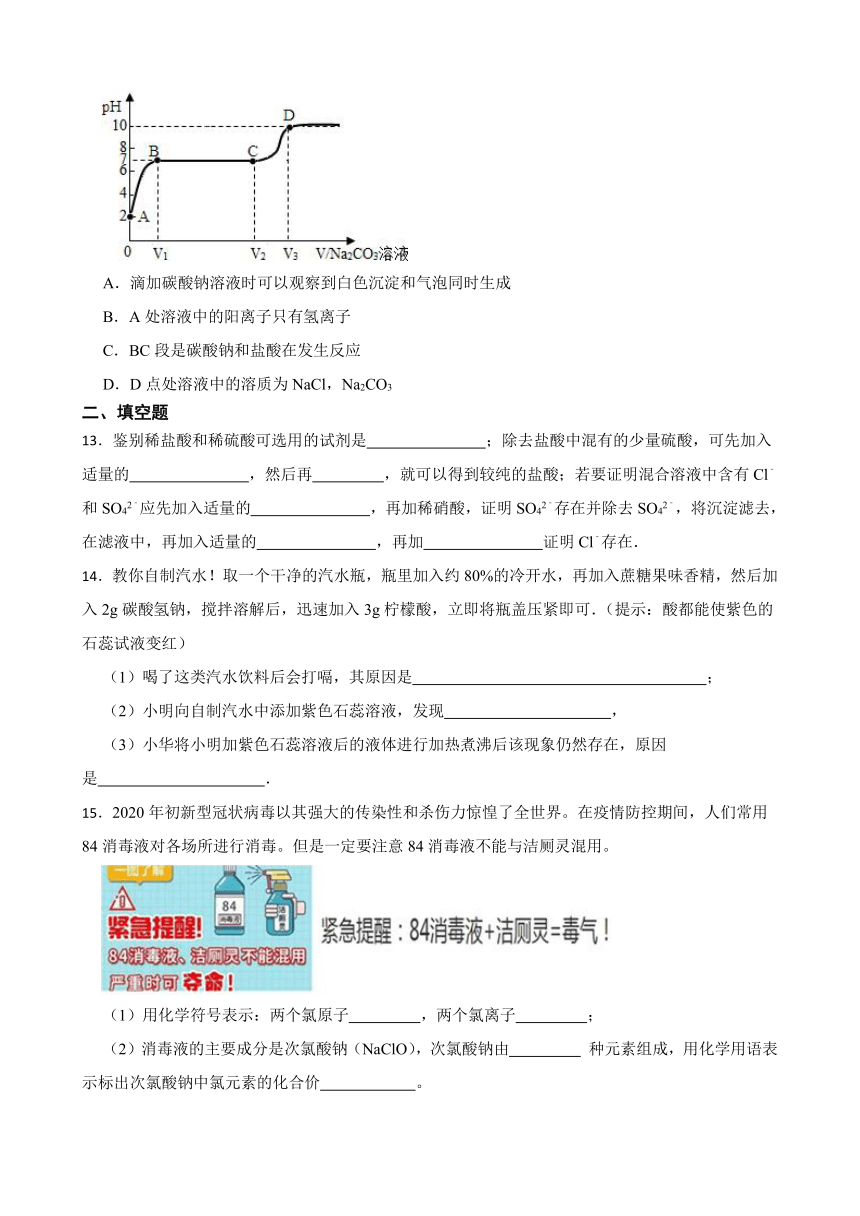 2.1 酸及其性质 同步练习(含答案) 2022-2023学年鲁教版（五四制）九年级全册化学