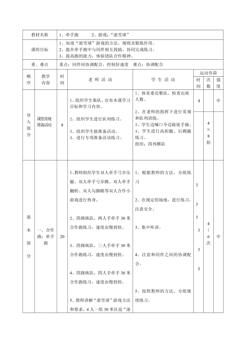 体育四年级上册 合作跑：牵手跑 教案（表格式）