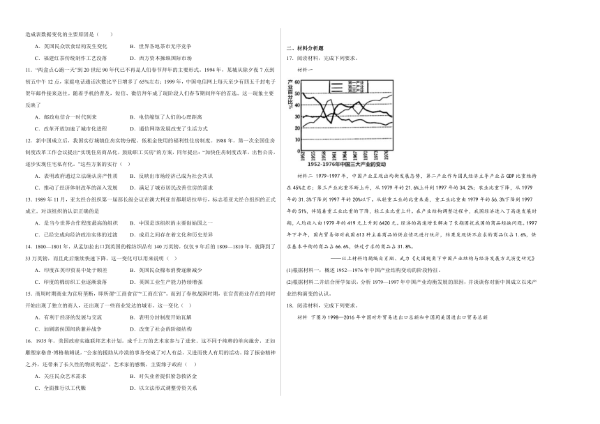 第三单元 商业贸易与日常生活 单元测试（含解析）--2024届高三历史统编版（2019）选择性必修2二轮复习