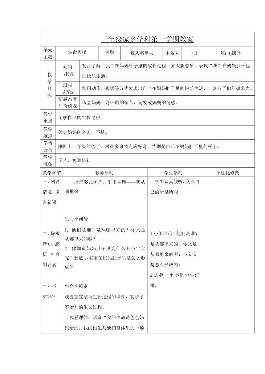 我从哪里来（教案）（表格式）吉林家乡学科一年级上册1