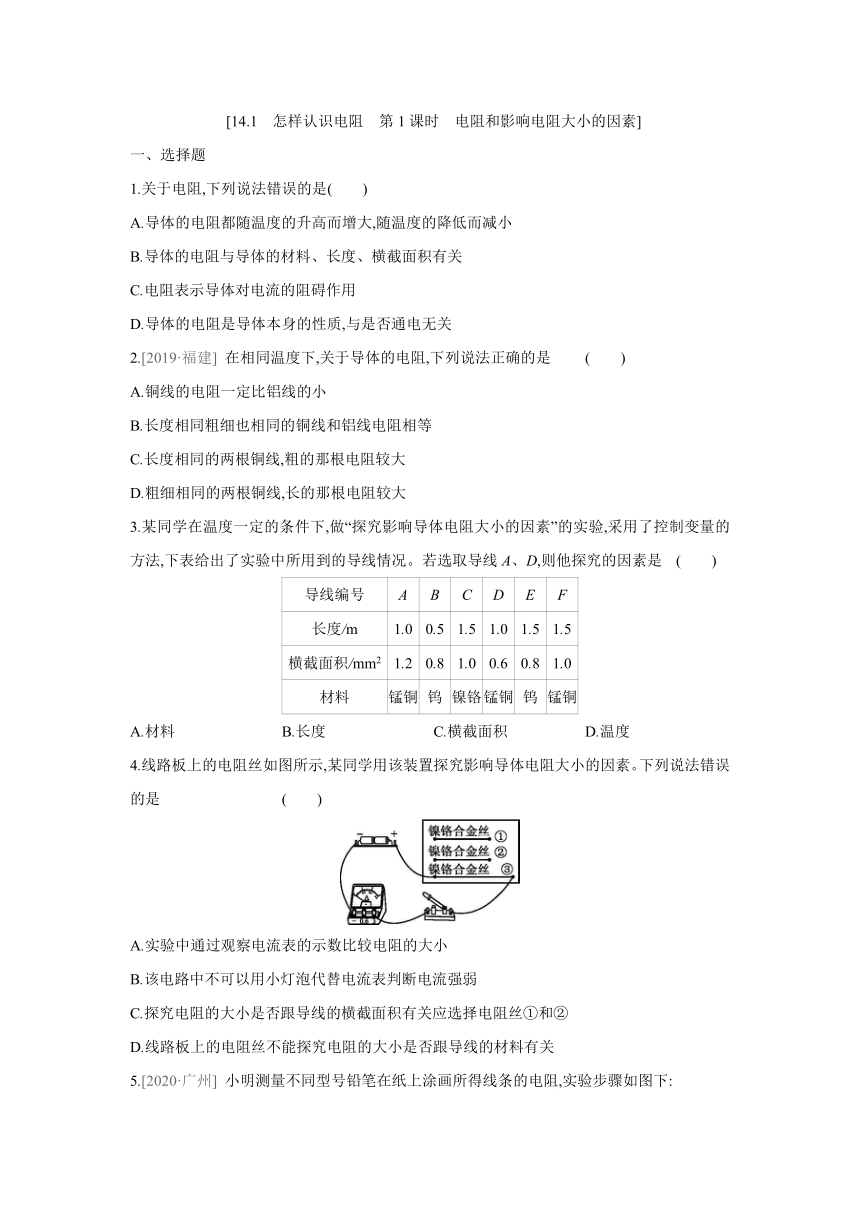 粤沪版物理九年级上册课课练：14.1　怎样认识电阻　第1课时　电阻和影响电阻大小的因素（含答案）