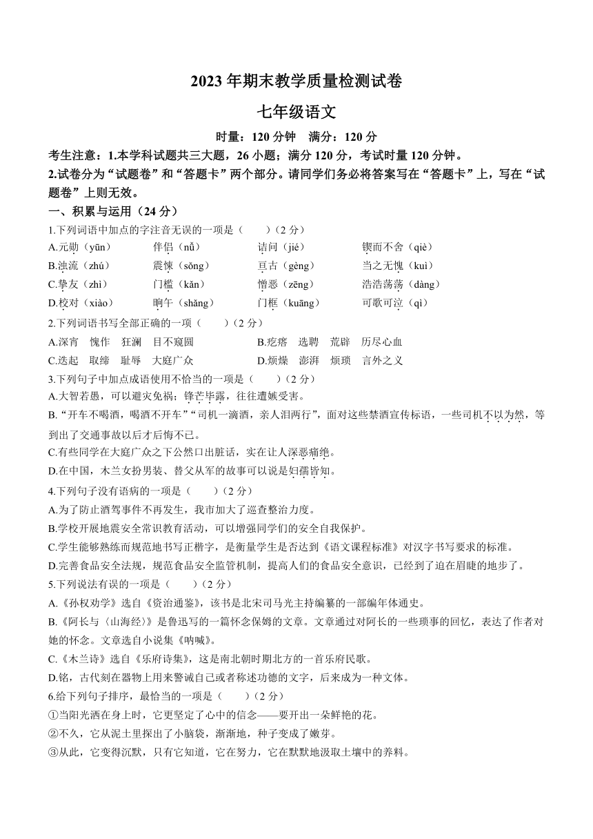 湖南省衡阳市衡南县2022-2023学年七年级下学期期末语文试题（含答案）