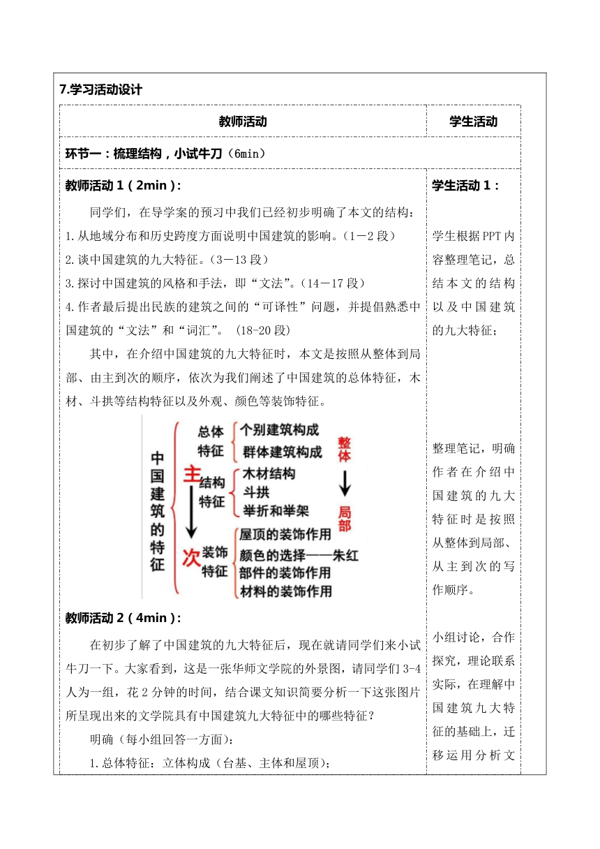 8《中国建筑的特征》教学设计-2020-2021学年高中语文部编版（2019）必修下册