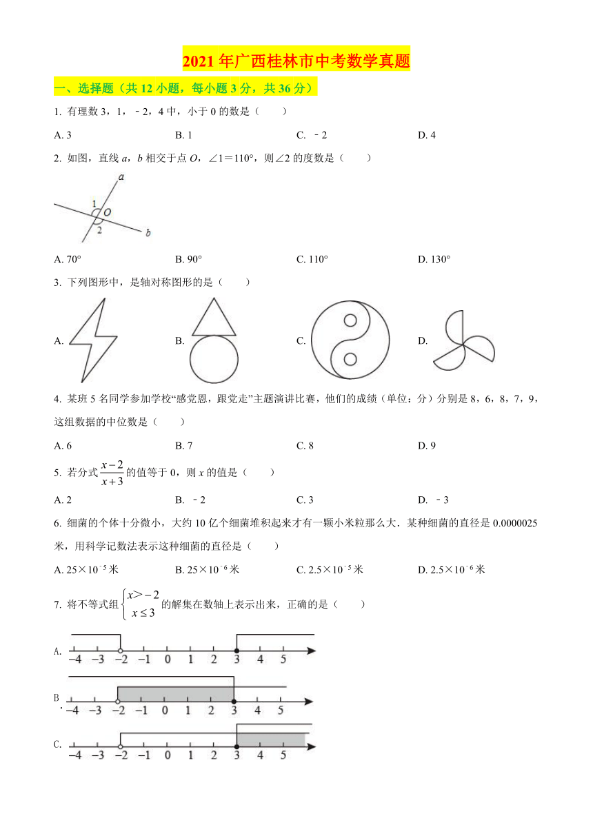 2021年广西桂林市中考数学真题试卷（含答案解析）