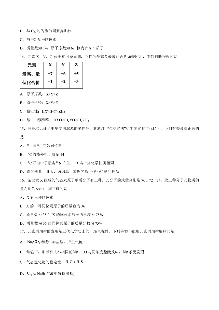 1.1原子结构与元素性质提升训练2021-2022学年高一下学期化学下学期（鲁科版2019）（含答案解析）