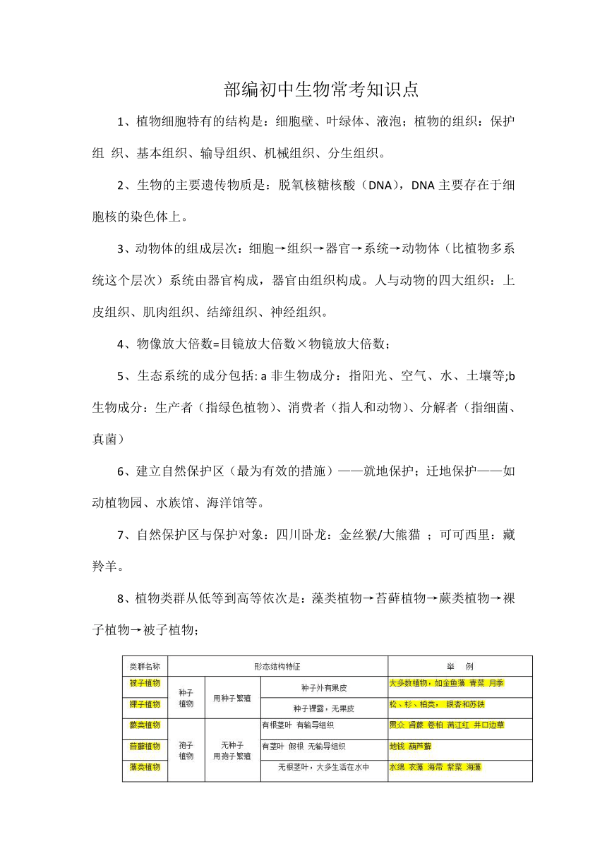 部编初中生物常考知识点（Word版 含答案）