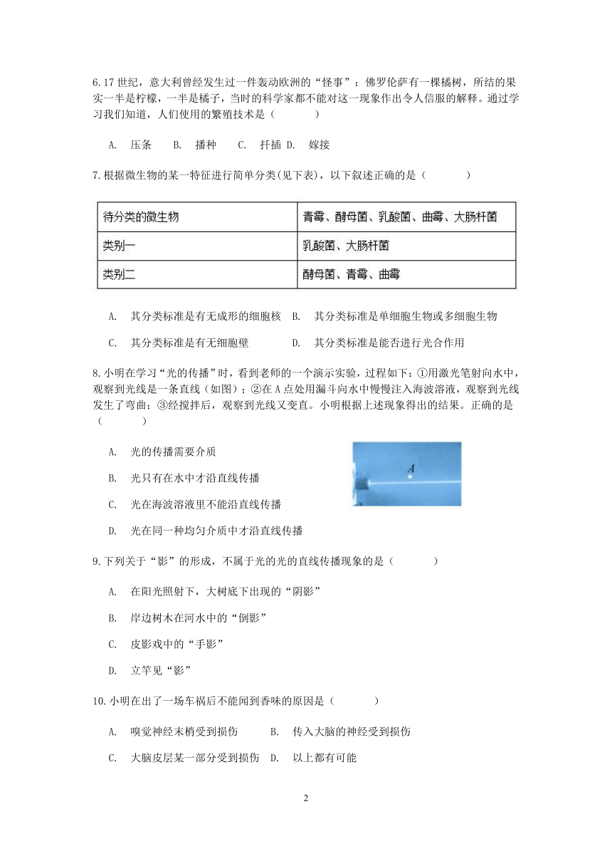 浙江省杭州市拱墅区文晖中学2019学年第二学期七年级科学开学考（七下第1.1-2.5章）