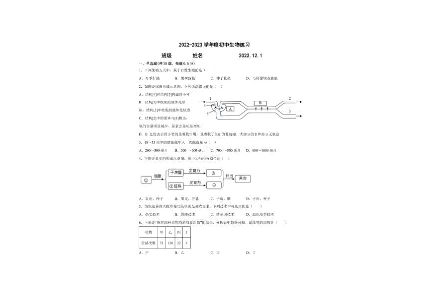 江苏省泰州市姜堰区第四中学2022-2023学年上学期八年级第二次独立作业生物（PDF版含答案）