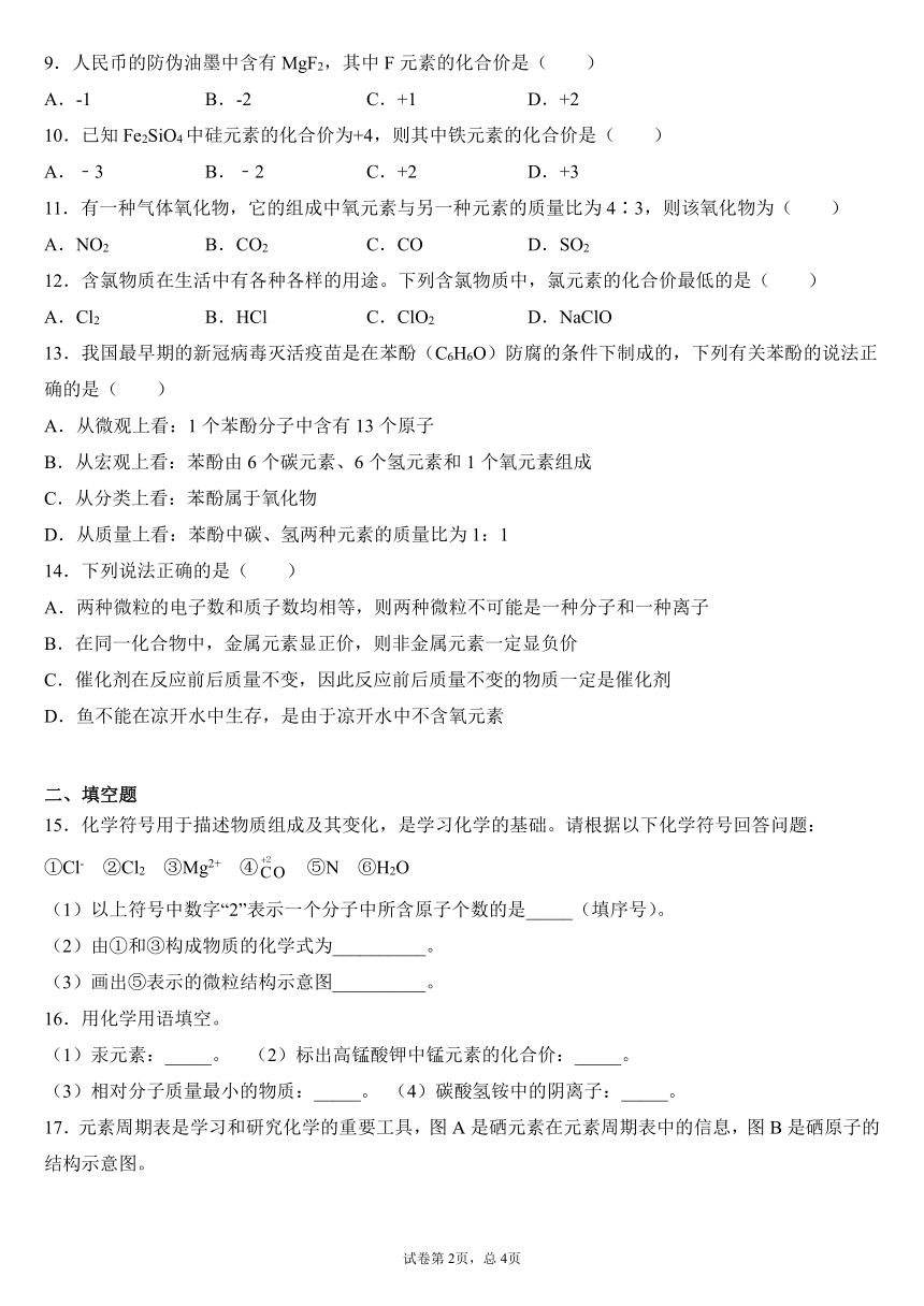 4.4 化学式与化合价巩固练习---2021-2022学年九年级化学人教版上册（word版含答案）