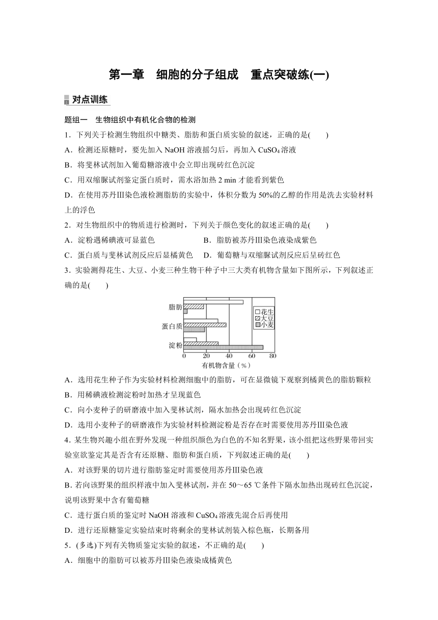 2022-2023学年苏教版2019高中生物必修1 第一章　细胞的分子组成  重点突破练(一)（word版含解析）