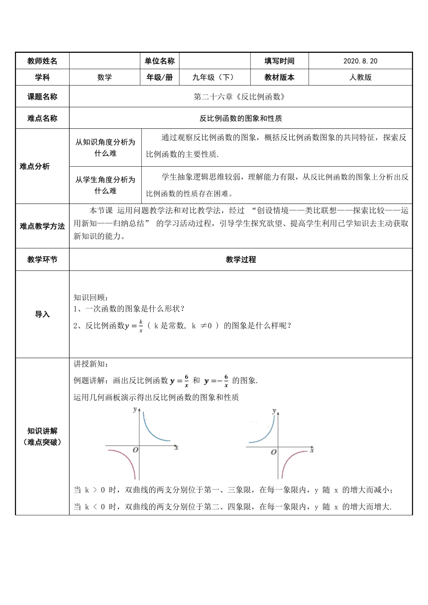 人教版数学九年级下册 26.1.2反比例函数的图象和性质 教案（表格式）