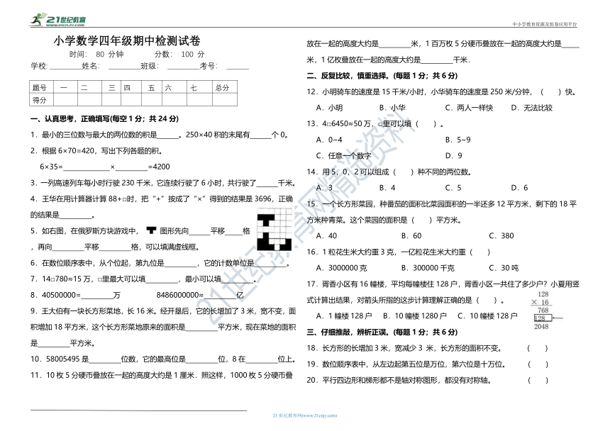 全优考卷 苏教版四年级下册数学期中测试（含答案）