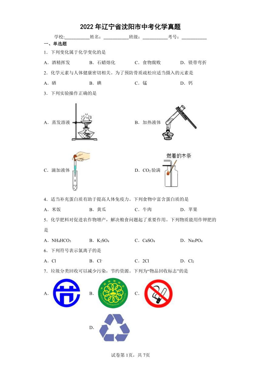 2022年辽宁省沈阳市中考化学真题（word版含解析）