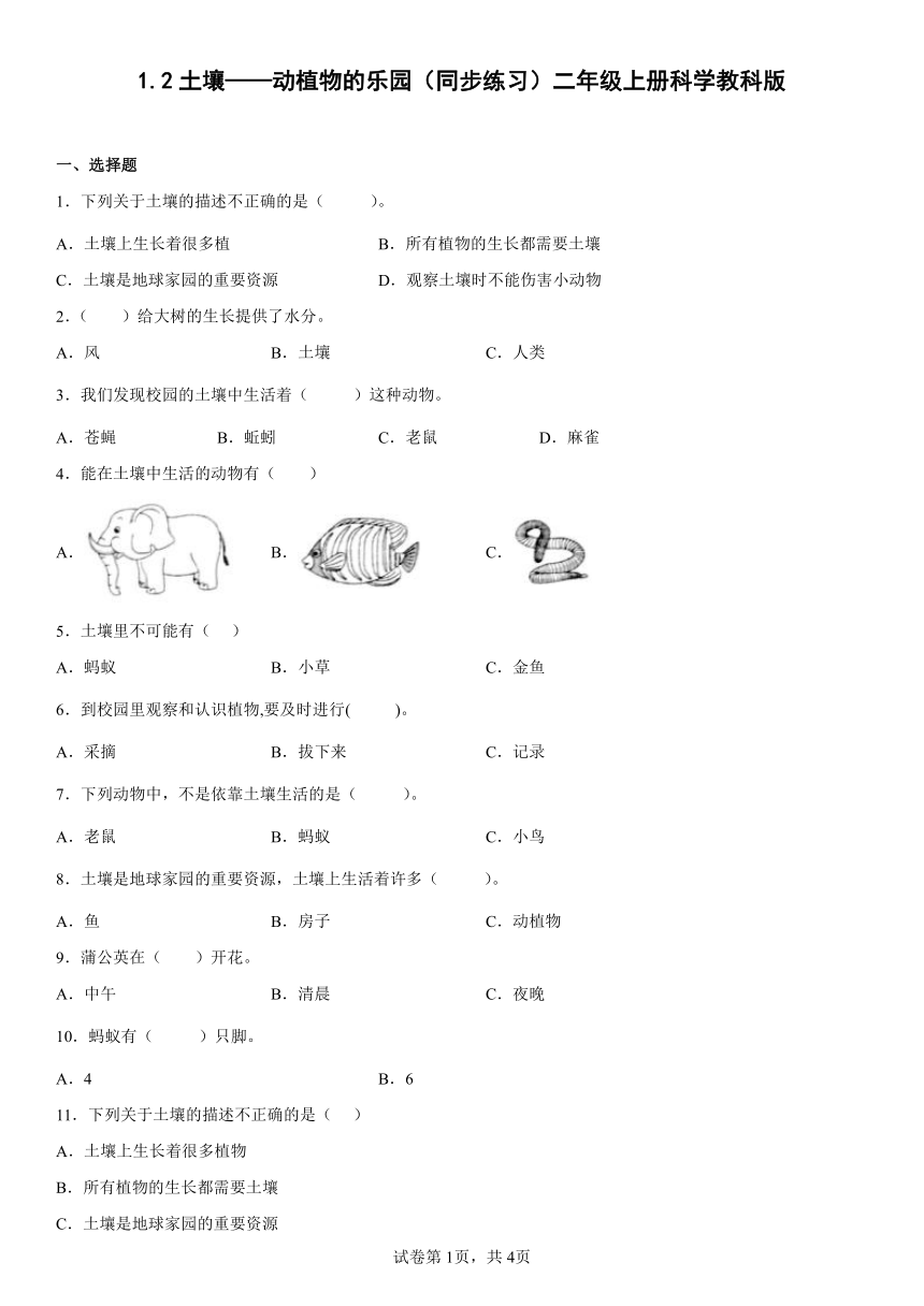 教科版（2017秋）科学 二年级上册 1.2土壤——动植物的乐园 同步练习（word版 含答案）