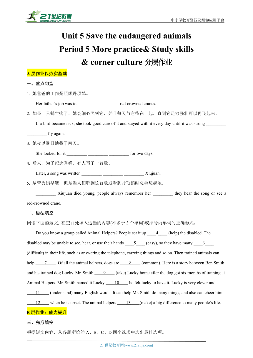 【新课标】Unit 5 Save the endangered animals Period 5 More practice&corner culture分层作业