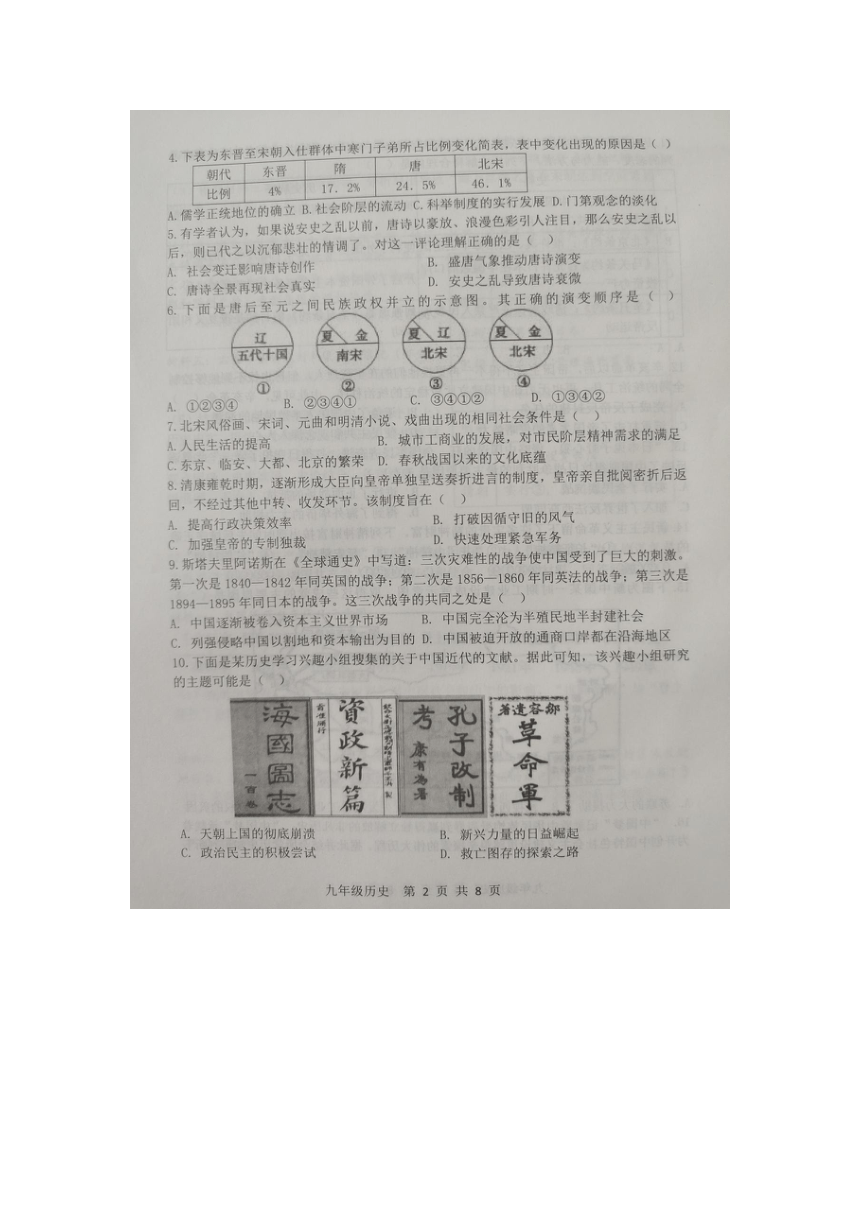 山东省滨州市2023年初中第二次适应性训练九年级历史试题（图片版含答案）