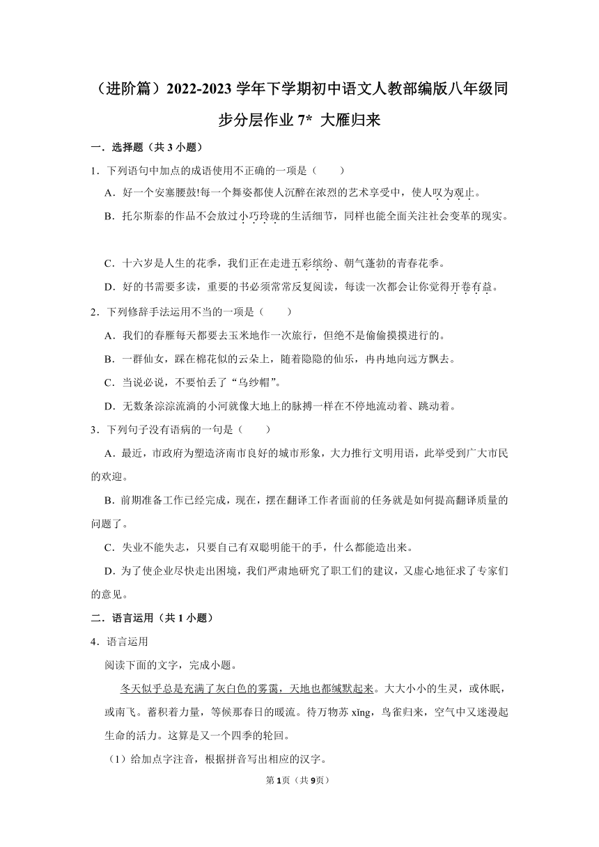 （进阶篇）2022-2023学年下学期初中语文人教部编版八年级同步分层作业7 大雁归来 （含解析）