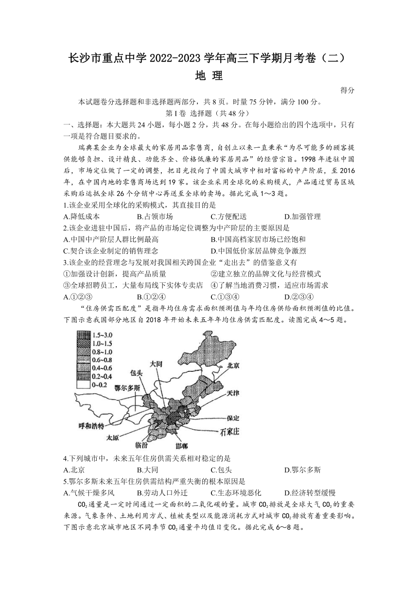 湖南省长沙市重点中学2022-2023学年高三下学期月考卷（二）地理试题（解析版）