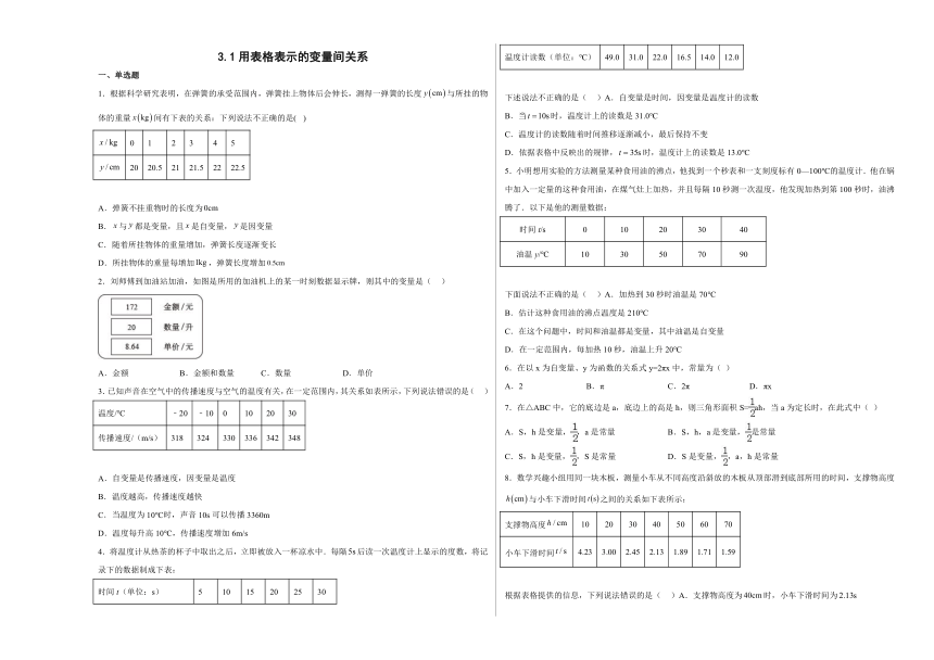 北师大版数学七年级下册3.1用表格表示的变量间关系  同步练习（含解析）