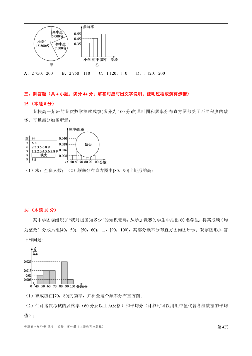 2021-2022学年高二上学期数学沪教版(2020)必修第三册第 13 章  统计  章节复习练习卷【4】