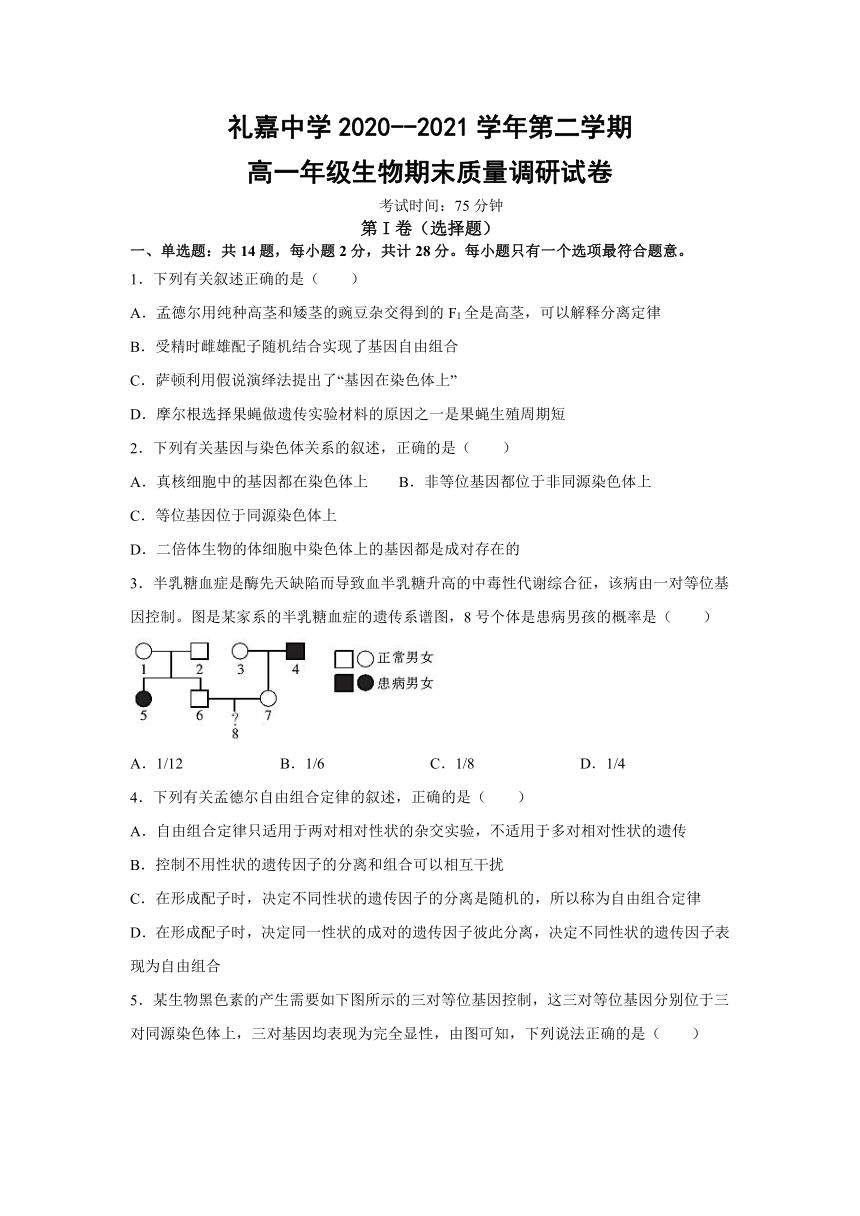 江苏省常州市武进区礼嘉高级中学2020-2021学年高一下学期期末质量调研生物试卷 Word版含答案