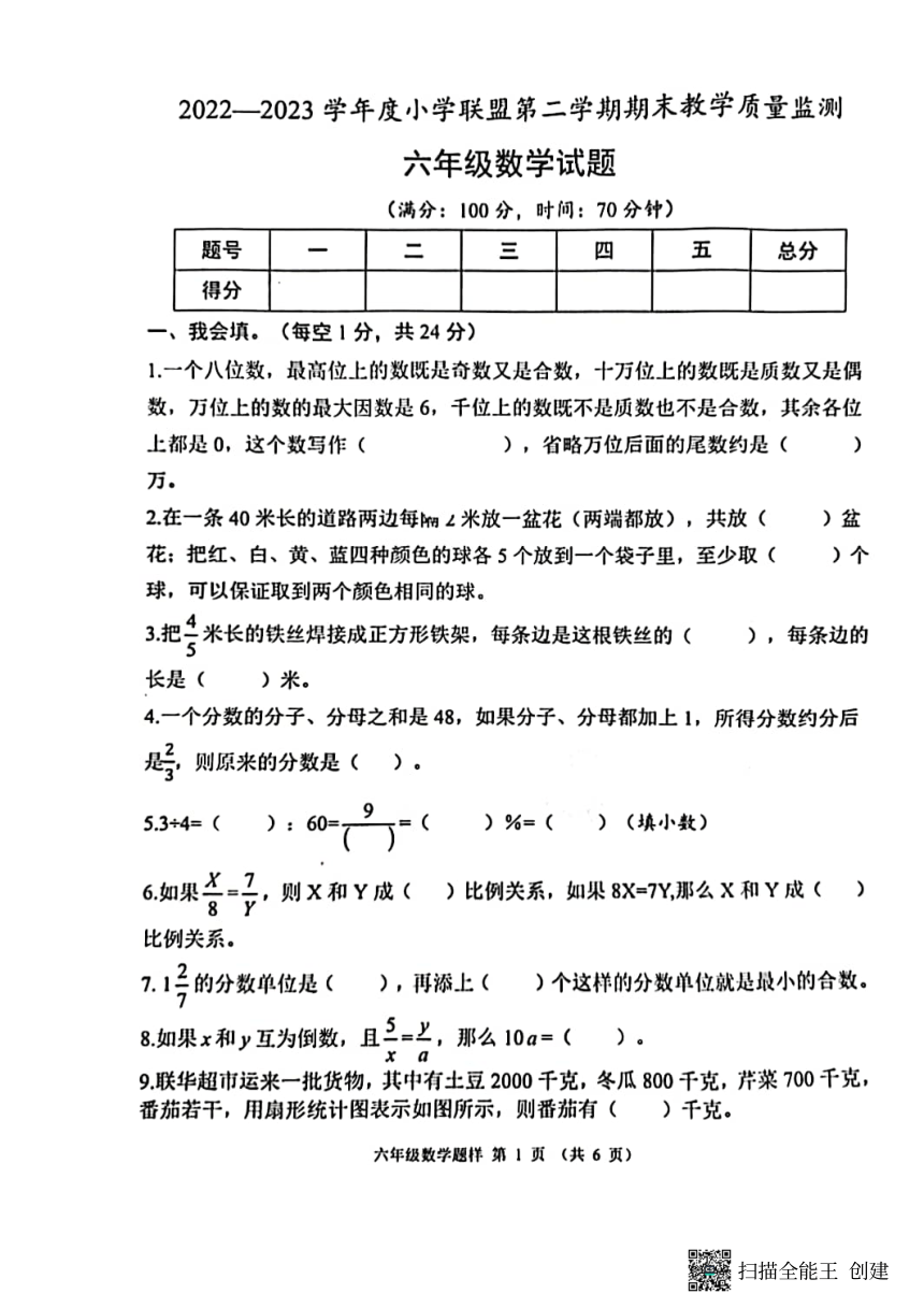 山东省菏泽市定陶区2022-2023学年下学期六年级期末数学试题（pdf无答案）